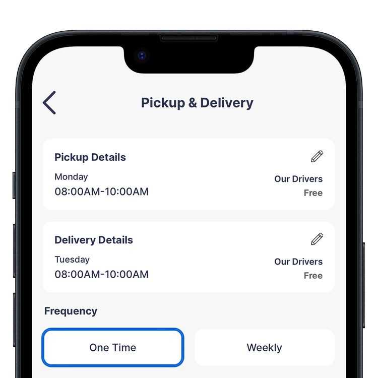 Mobile phone screen showing pickup and delivery schedule for a food app, with pickup on Monday 8:00-10:00 AM and delivery on Tuesday 8:00-10:00 AM, and options for one-time or weekly frequency.