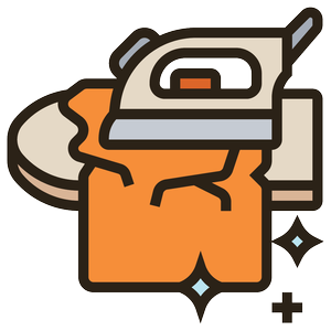An icon of a washing machine with clothes, an iron, and sparkles indicating clean laundry.