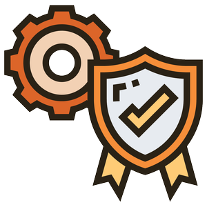 A gear icon and a shield with a checkmark, symbolizing security and system protection.