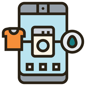 Smartphone with laundry-related icons including a t-shirt, washing machine, water droplet, and a washing machine