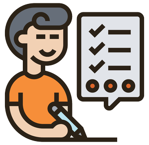 A smiling person holding a marker next to a checklist with three checked boxes and three unchecked circles.