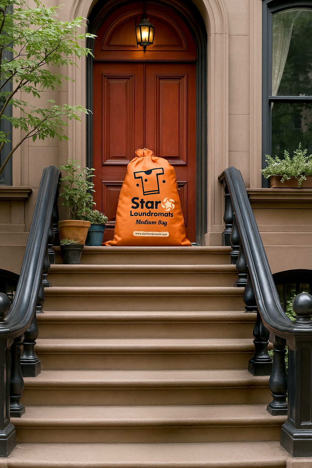 Staircase leading to a brown front door with a lit lantern above, a large orange bag labeled 'Star Loundromats Medium Bag' on the steps, potted plants on either side, and a window with green plants in the background.