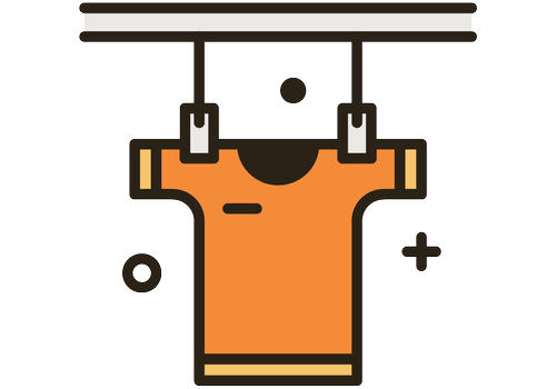 A simple illustration of a hanging orange t-shirt on a clothing rack with abstract decorative shapes around.