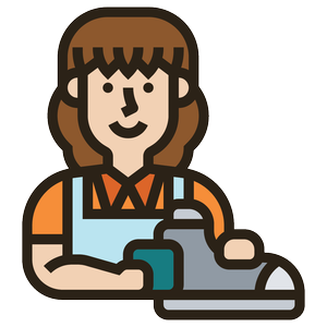 Illustration of a woman with brown hair wearing an orange shirt and apron, washing dishes.