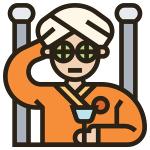 Cartoon character wearing turban and sunglasses, dressed in orange, with one hand behind head, standing in front of a fence.