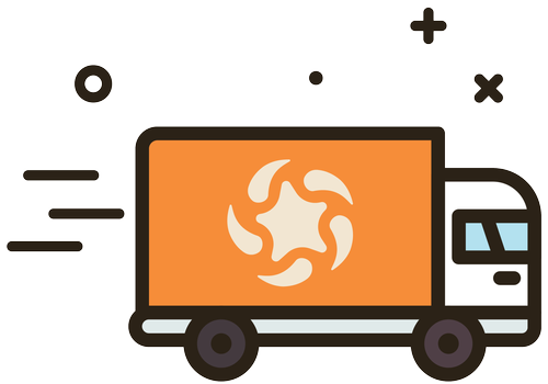 A delivery truck with a logo on the side, moving fast.