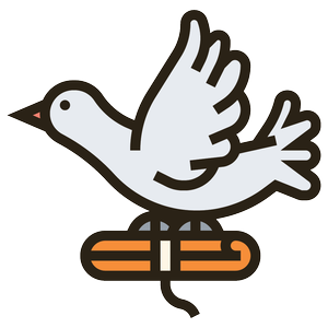 A cartoon illustration of a dove carrying an olive branch in its beak, perched on a bundle of keys.