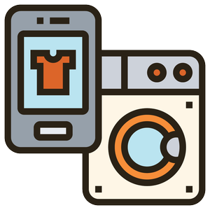 A washing machine, a dryer, and a smartphone displaying a clothing app.
