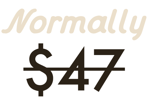 Text image with beige cursive script saying 'Normaly' and bold black text displaying the price '$47' with a line crossing through the price.