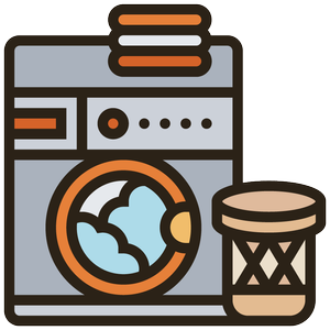 Illustration of a washing machine with a bottle of laundry detergent and a fabric softener container beside it.