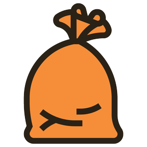 A cartoon illustration of an orange trash bag with a tied top.
