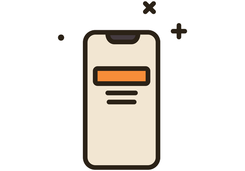 Digital illustration of a smartphone displaying a form with an orange header and three black lines of text, surrounded by abstract dots and crosses.