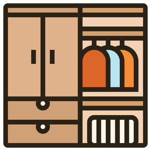 Line drawing of a wooden cabinet with closed doors, drawers, and open shelves holding books and/or items.