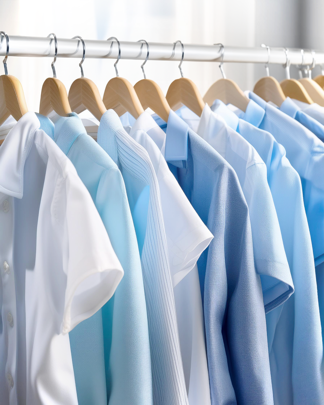A row of men's dress shirts in white, light blue, and darker blue hanging on wooden hangers on a clothing rack.