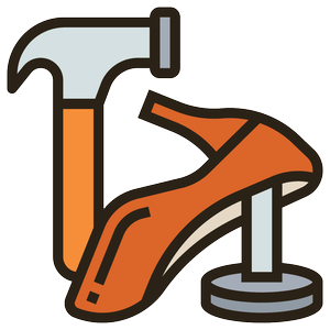 A cartoon illustration of a hammer hitting a wooden shoe, with a coin underneath, symbolizing woodworking or craftsmanship.