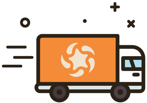 A delivery truck with an orange cargo area featuring a white recycling symbol, moving quickly to the left.