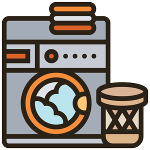 Illustration of a washing machine with a detergent bottle and a laundry basket beside it.