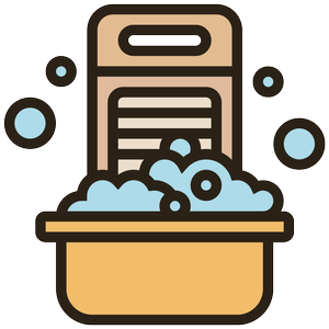 A pile of soapy bubbles and a cleaning sponge inside a tan rectangular basin.